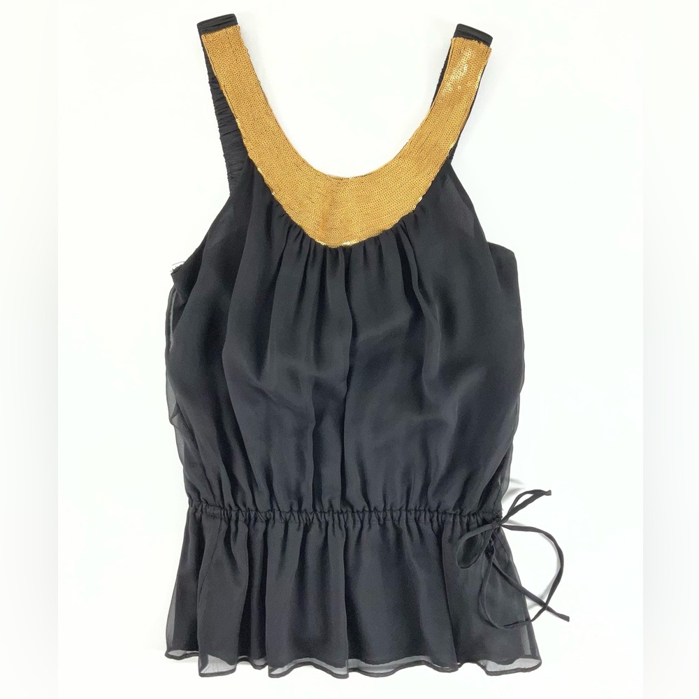 NU by Mark Anthony Black Sleeveless Silk‎ Top Gold Sequin Neckline Women’s Small